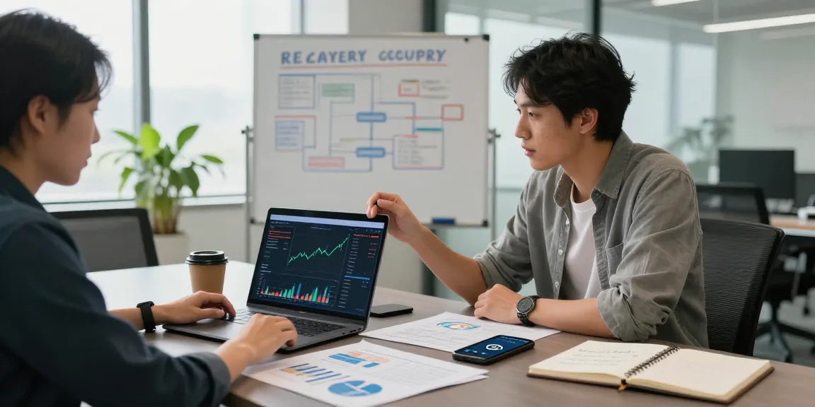Business professionals strategizing to recover lost crypto in modern office environment with charts and data analysis.