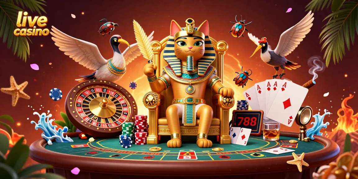 Immerse yourself in this vibrant live casino scene with an Egyptian pharaoh cat, roulette, and poker elements.