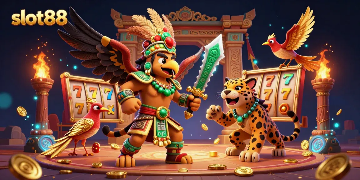 Experience the thrill of slot88 with colorful 3D characters and swirling casino elements.
