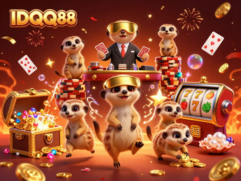 Watch IDQQ88 meerkats manage a colorful casino with slots and lively energy.