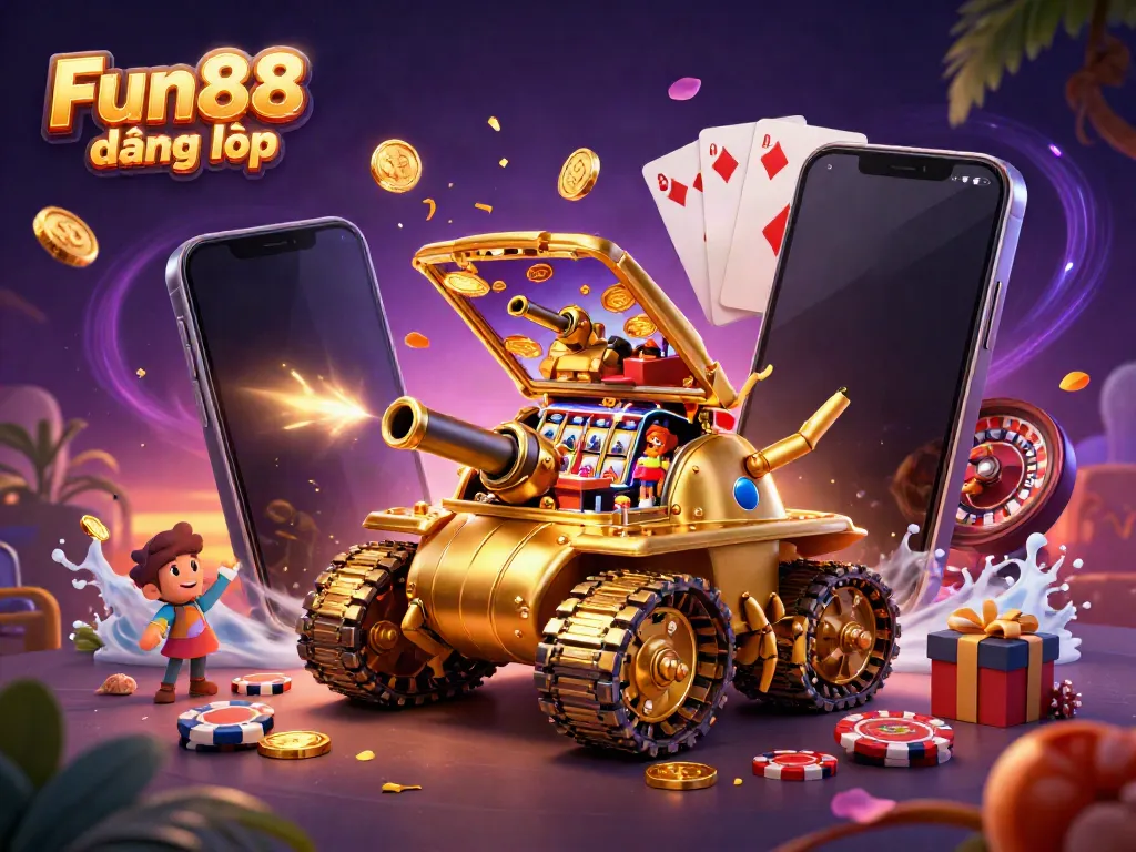 Experience Fun88 đăng nhập with a vibrant 3D casino scene featuring a golden beetle tank and dynamic gaming elements.