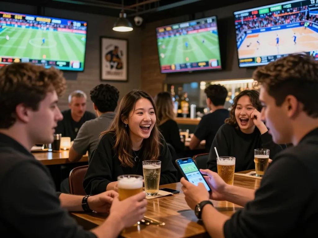 Watch players engaging with sports betting at xin88 on their smartphones in a dynamic bar setting.