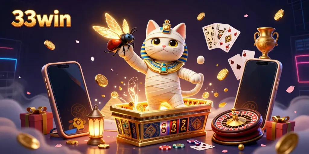 Engage with the vibrant scene of 33win featuring a charismatic Egyptian mummy cat in a rich casino backdrop, bursting with gameplay elements.