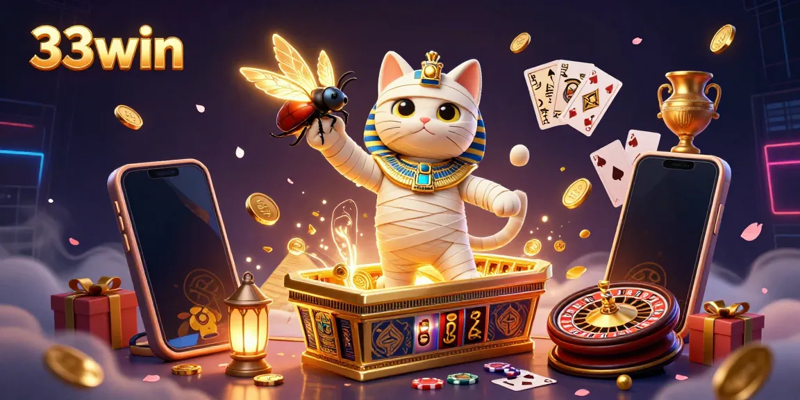 Engage with the vibrant scene of 33win featuring a charismatic Egyptian mummy cat in a rich casino backdrop, bursting with gameplay elements.