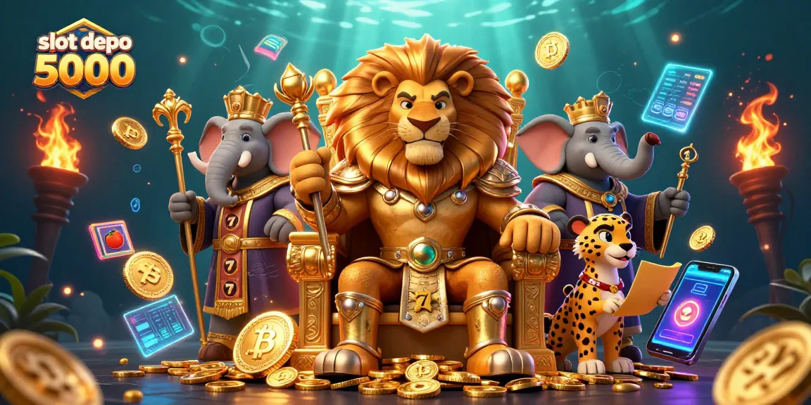 Engage with slot depo 5000 for a vibrant gaming experience showcasing slot reels and crypto elements.