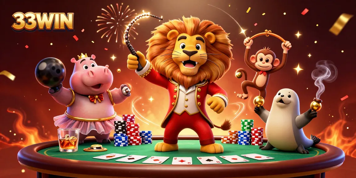 33WIN invites players to experience thrilling casino adventures in this vibrant 3D cartoon scene.