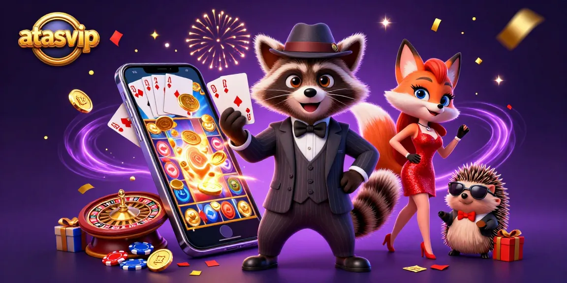 Celebrate big wins at atasvip with a vibrant 3D casino scene featuring animated gambling elements.