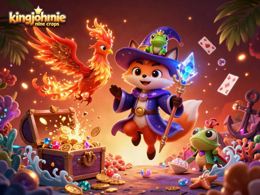 Experience thrilling action with kingjohnnie online craps featuring a mystical wizard and phoenix in a vibrant casino scene.