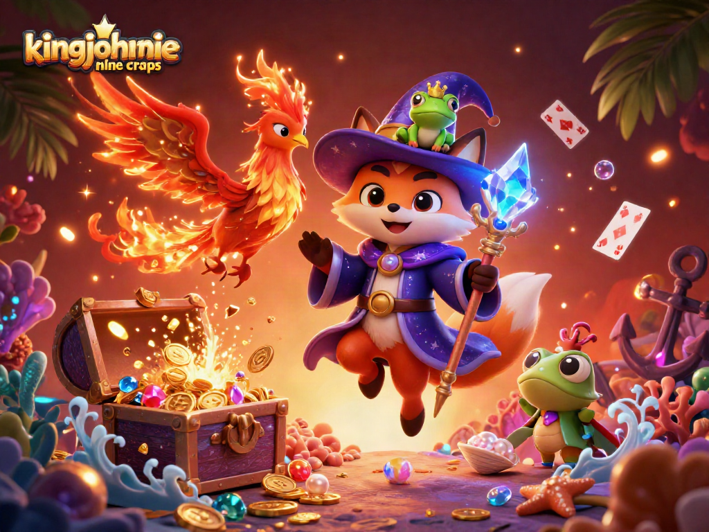 Experience thrilling action with kingjohnnie online craps featuring a mystical wizard and phoenix in a vibrant casino scene.