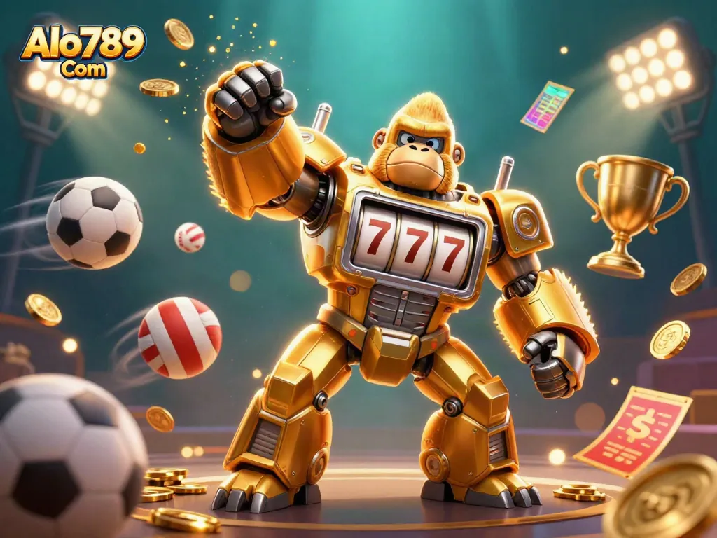 Join the excitement at Alo789 Com with a dynamic scene featuring a golden gorilla mech amidst vibrant sports elements.