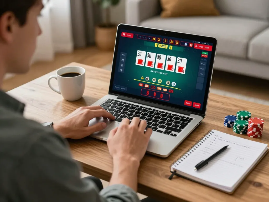 Player engaging with 888b online blackjack game, showcasing strategic gameplay in a cozy home environment.