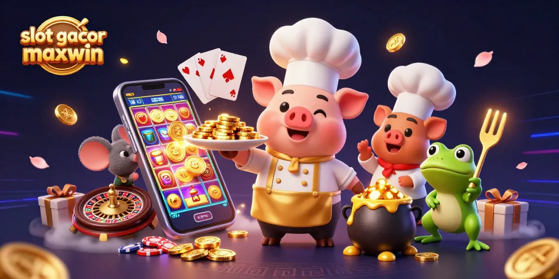 Spin to win with slot gacor maxwin as a chef pig serves gold coins, showcasing thrilling gambling action.