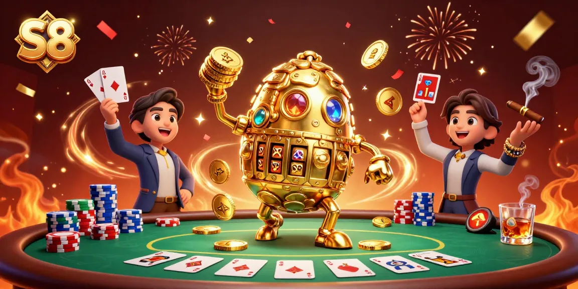 Experience thrilling gameplay at S8 casino with a dynamic illustration of gold coin golems and poker action.