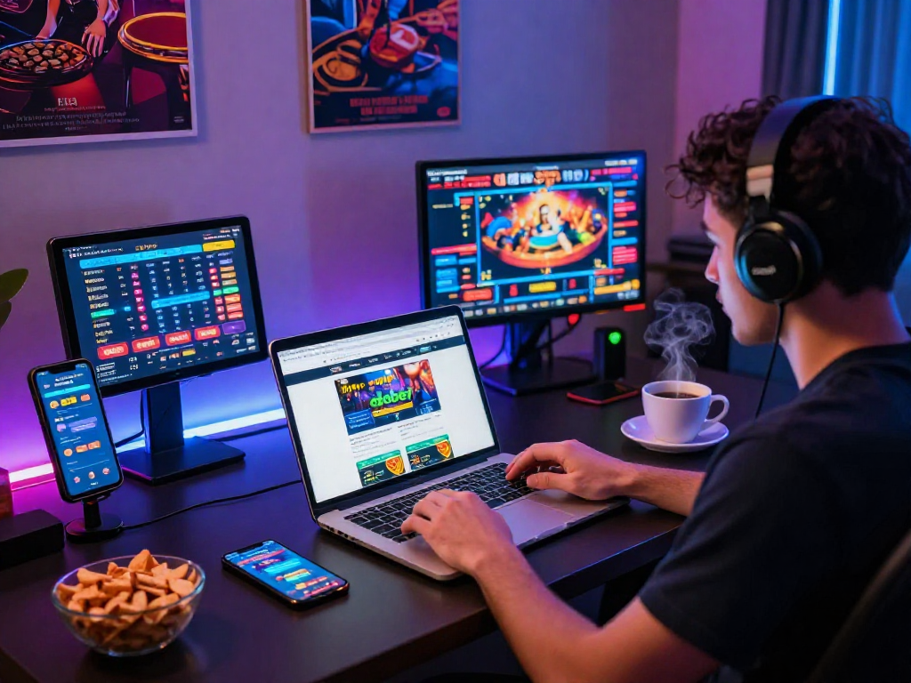 Engaging online gambling experience with nhà cái debet displayed on laptop in a vibrant gaming room