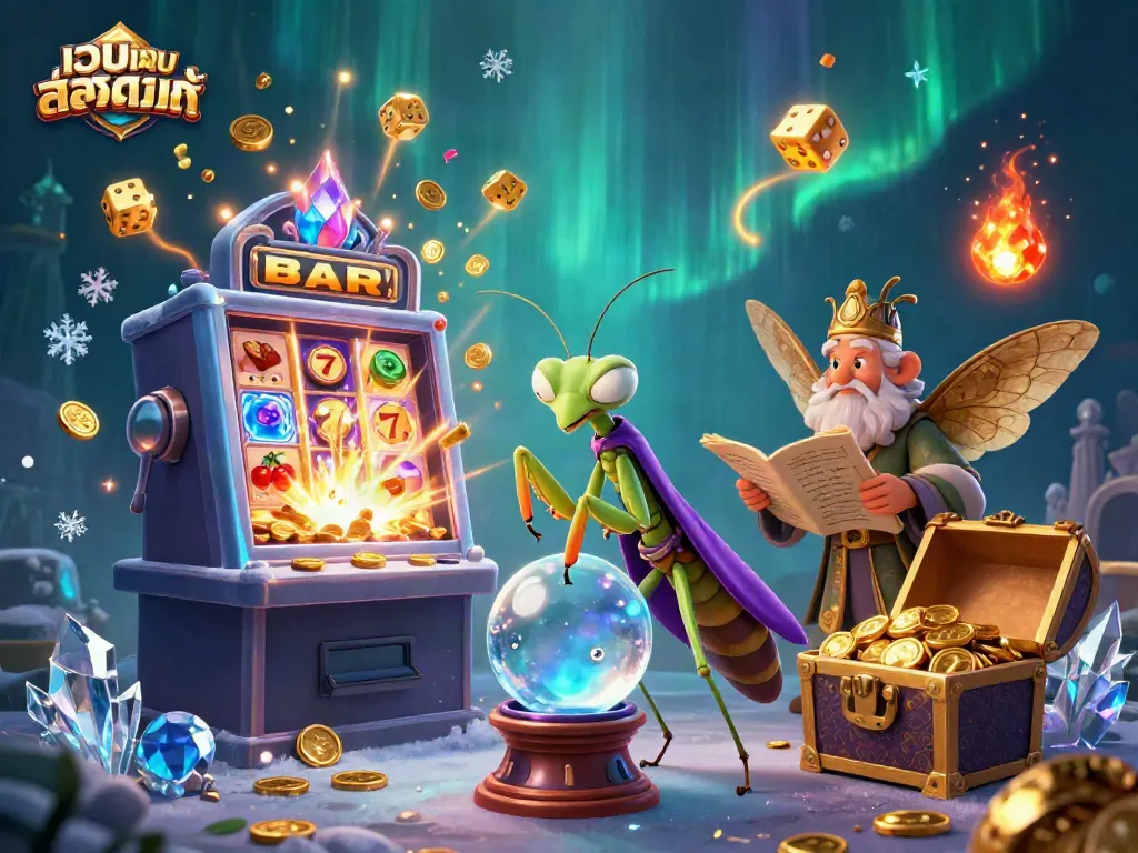 Engage with เว็บเกมสล็อตแท้ through vibrant slot machines and magical characters in a dynamic casino scene.