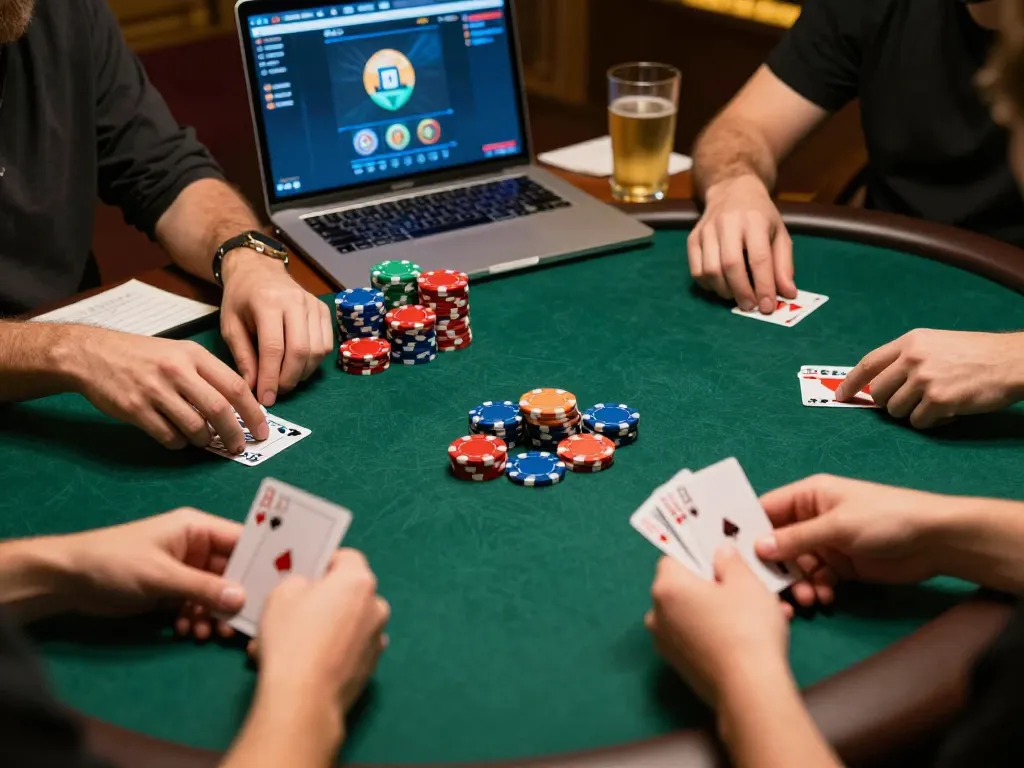 Exciting online poker game showcasing lc88 top gameplay, vibrant chips and cards illuminated