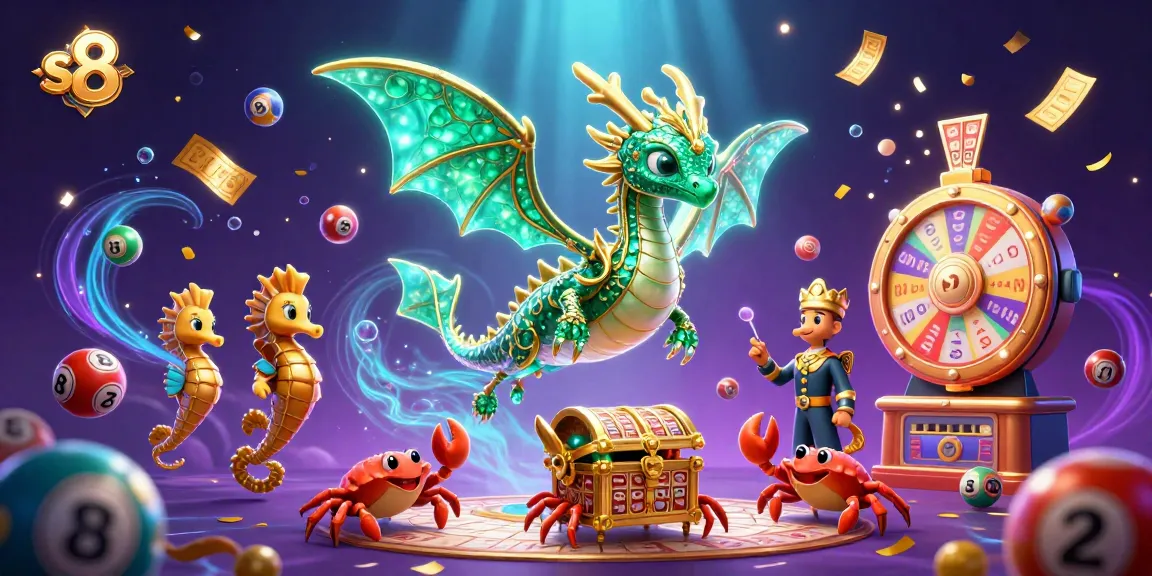 Experience excitement with s8 as a sea dragon and treasure chest dance among lucky lottery elements.