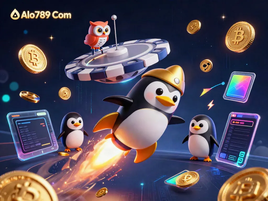 Engage with the casino experience at Alo789 Com, watching a golden penguin soar amid crypto elements.