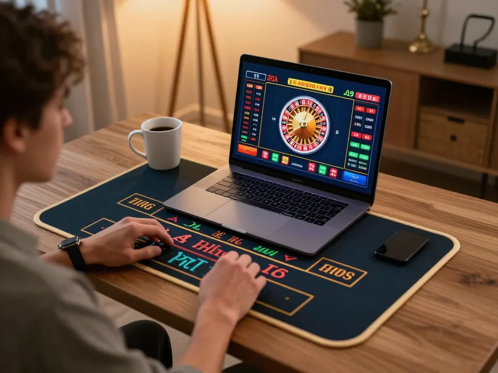 Engaging in online gambling at home with LOTO188 LINK MỚI displayed on the screen, capturing vibrant gameplay atmosphere.