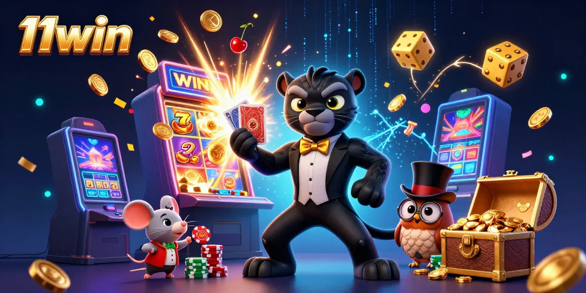 Experience the excitement of 11win with a stylish panther dealer, lively casino elements, and vibrant colors.