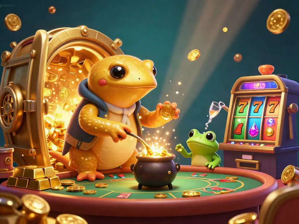 Experience the excitement of link hitclub with vibrant gold coins and slot machines in this detailed 3D digital illustration.