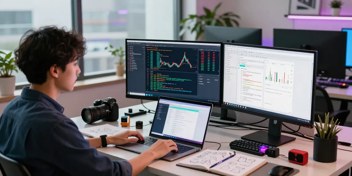 Developer utilizing HK stock backtesting API in a modern workspace with dual monitors, vibrant atmosphere, and tech tools.