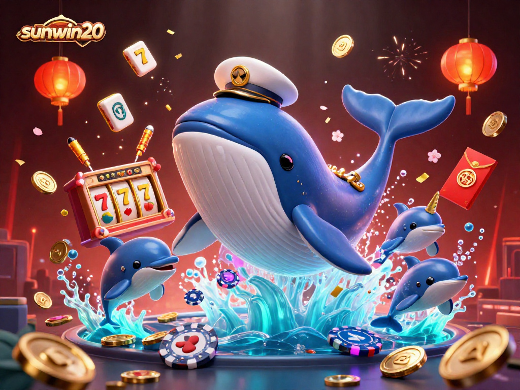 Experience thrilling jackpots in sunwin20 with playful dolphins and a magnificent whale amidst vibrant casino elements.