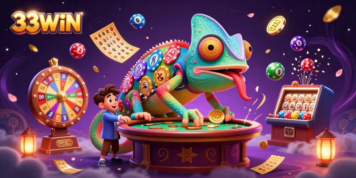33WIN Casino: Witness the colorful chameleon owner capturing golden coins in an exciting gambling environment.