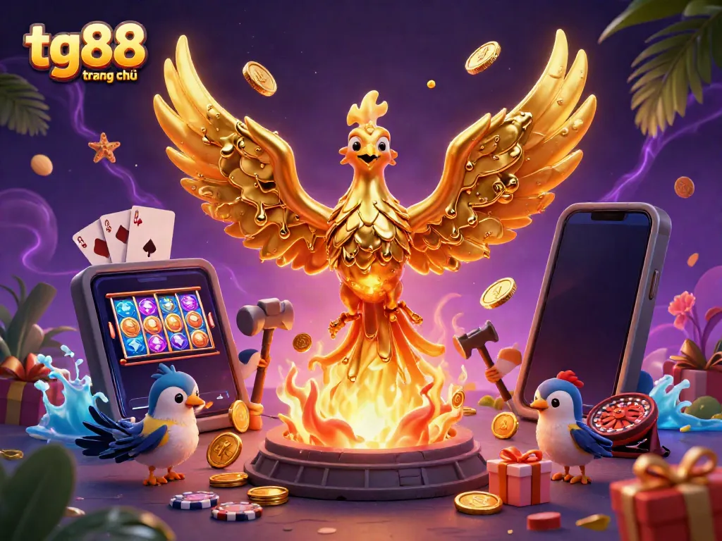 Engage with the thrill of tg88 trang chủ as a golden phoenix symbolizes luck, surrounded by dynamic gaming elements.