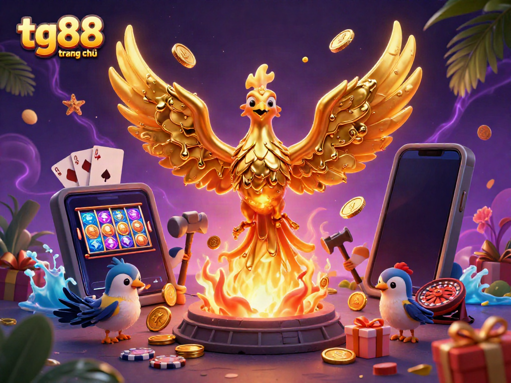 Engage with the thrill of tg88 trang chủ as a golden phoenix symbolizes luck, surrounded by dynamic gaming elements.