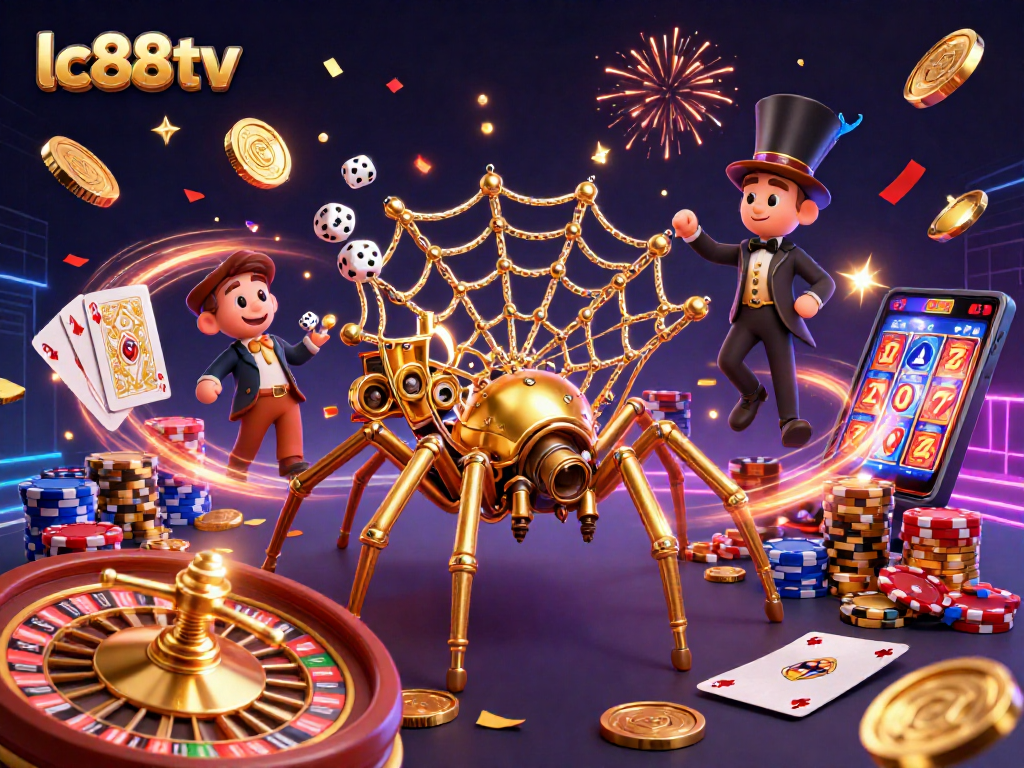 Engage in gaming with lc88tv as a golden steampunk spider weaves luck with casino elements.
