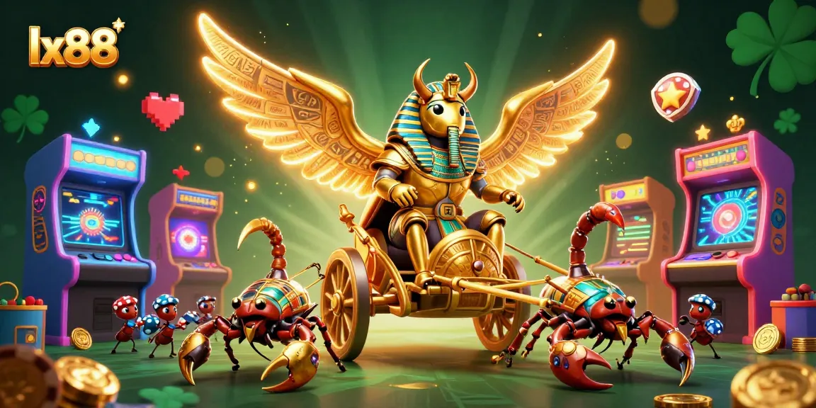 Engage with lx88's immersive gaming experience featuring a golden beetle in a captivating casino scene.