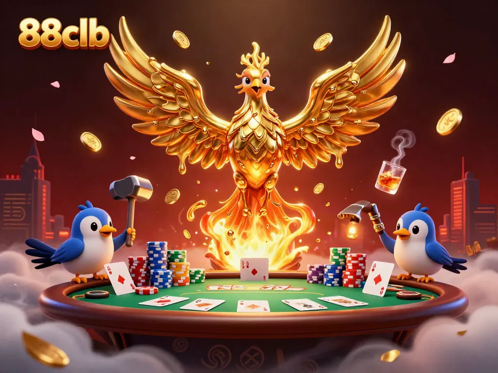 Experience the exciting world of 88clb as a golden phoenix emerges from molten gold, surrounded by poker elements.