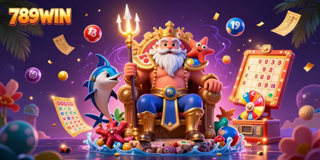 Experience thrilling wins with 789WIN as Neptune reigns supreme in a vibrant casino illustration.