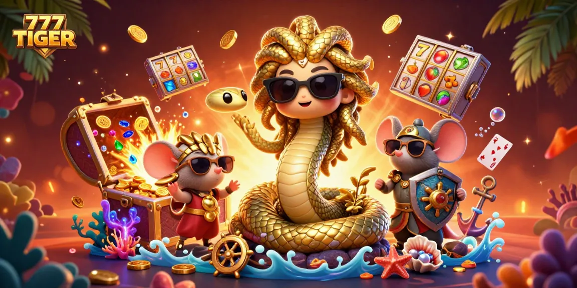 Engage in winning gameplay with 777TIGER, showcasing playful characters amidst vibrant slots and treasures.