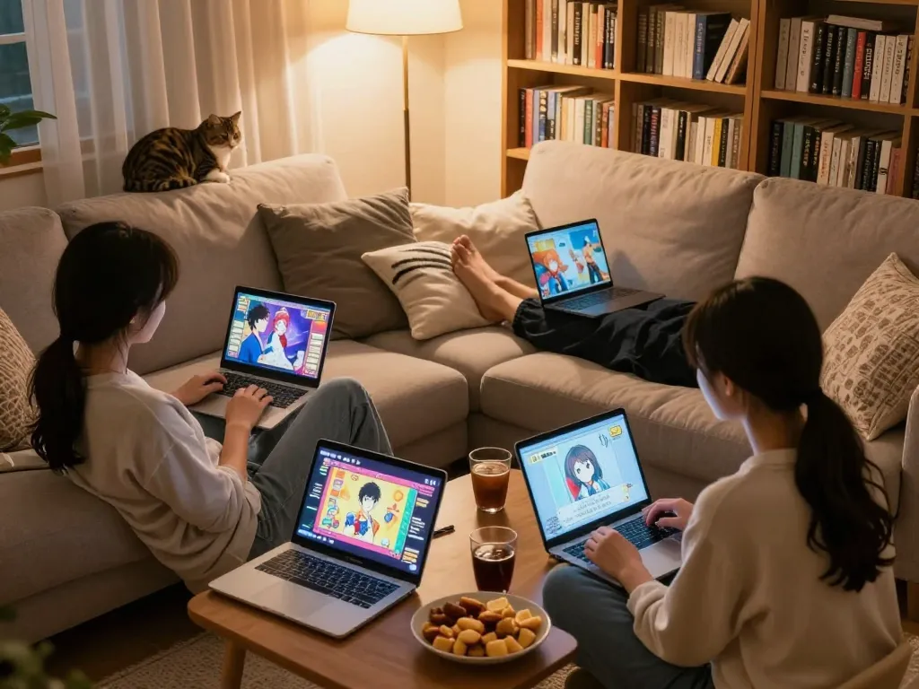 Couples engaged in xxx games on devices in a cozy living room.