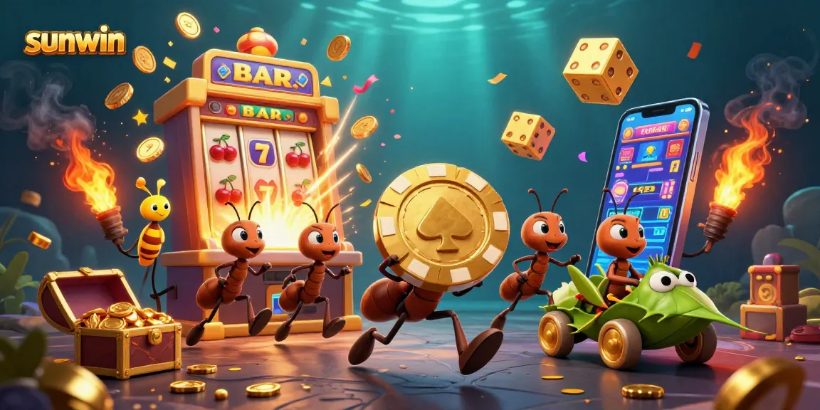 Experience the thrill of sunwin as animated ants heist a giant poker chip amidst exploding jackpots and dynamic casino elements.