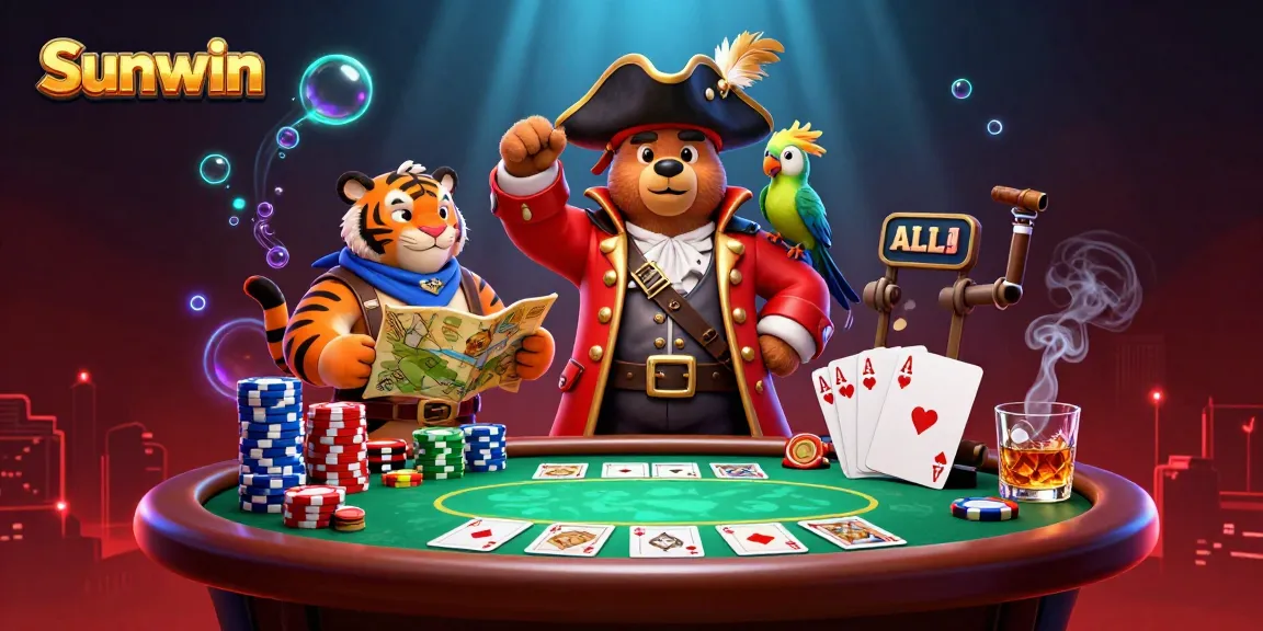 Sunwin delivers thrilling online casino excitement with a vibrant poker scene featuring cartoon characters.