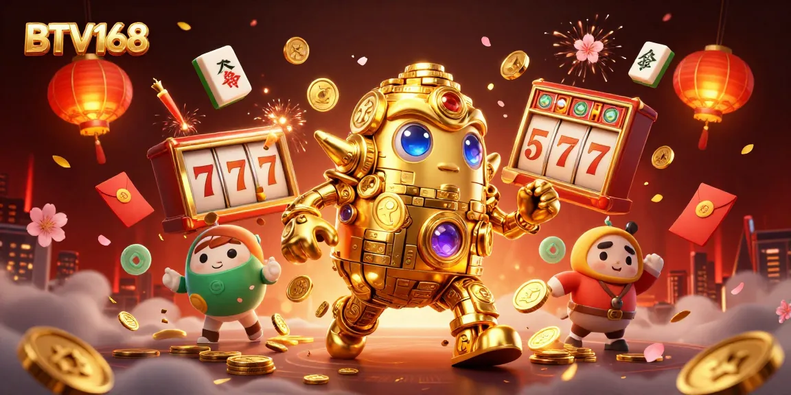 BTV168 showcases vibrant casino elements with a golden golem surrounded by slot reels and fireworks.