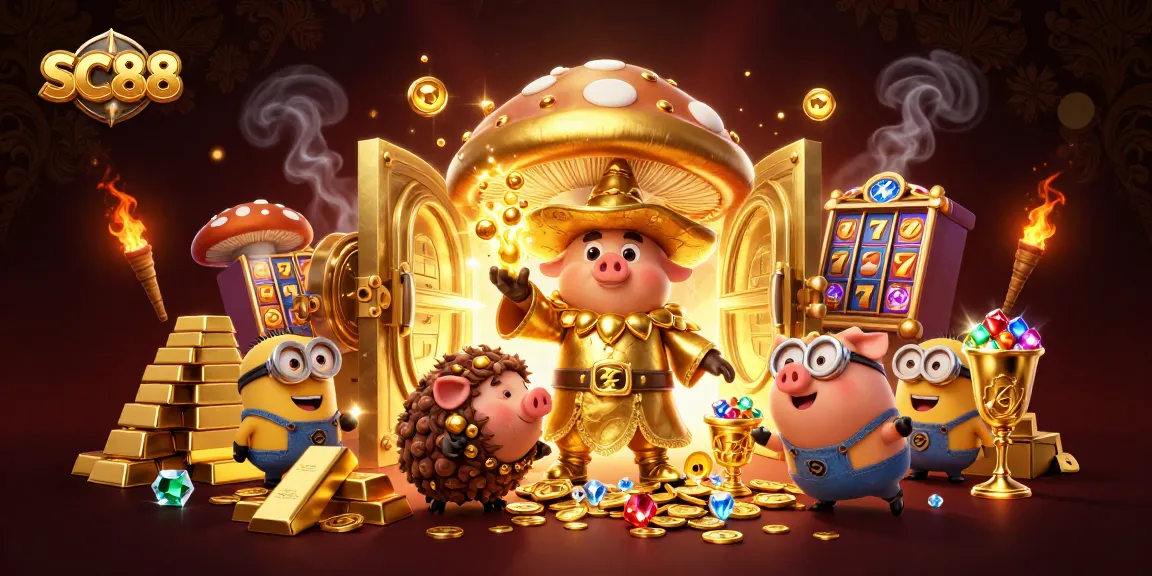 SC88 showcases a vibrant casino scene with a magical mushroom wizard, truffle pig, and treasure amidst slot machines, evoking excitement in gameplay.