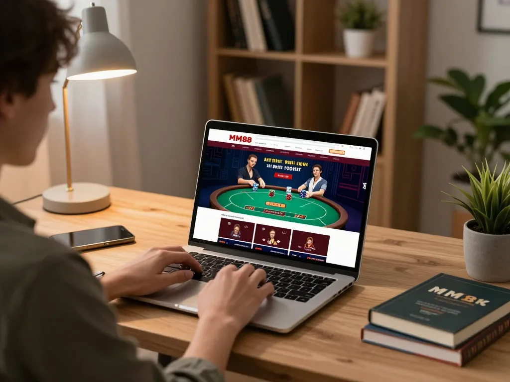 Engaging in online gambling on MM88 TODAY with a laptop setup showcasing live poker excitement.