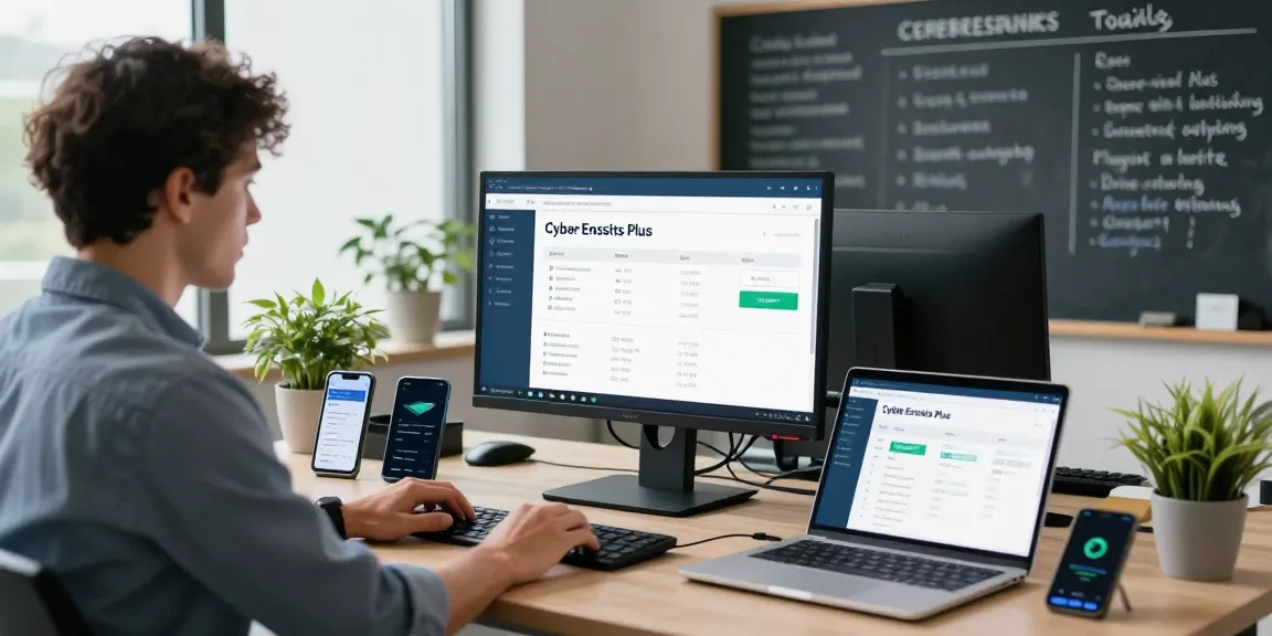 Expert examining Cyber Essentials Plus dashboard in a modern office.