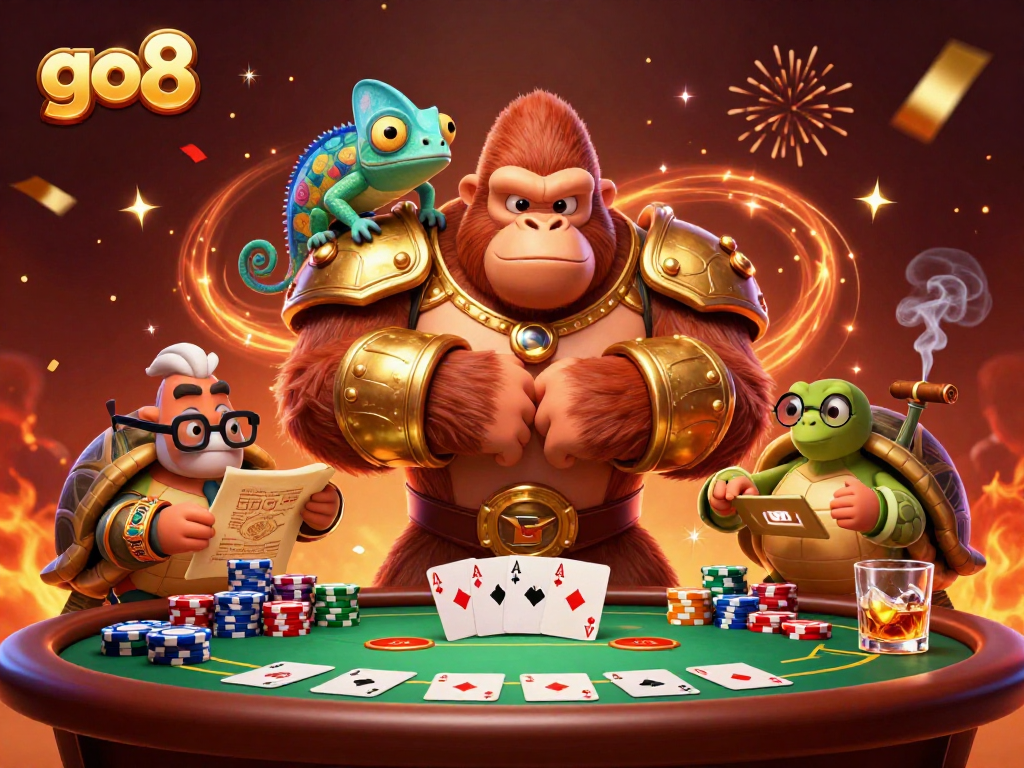 Experience thrilling gaming at go8 with a powerful gorilla king challenging at the poker table.