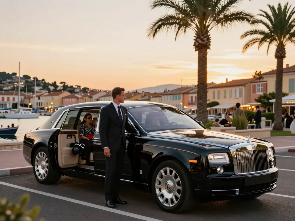 Moment de voyage de luxe en taxi à Saint-Tropez avec un chauffeur et un coucher de soleil côtier époustouflant.