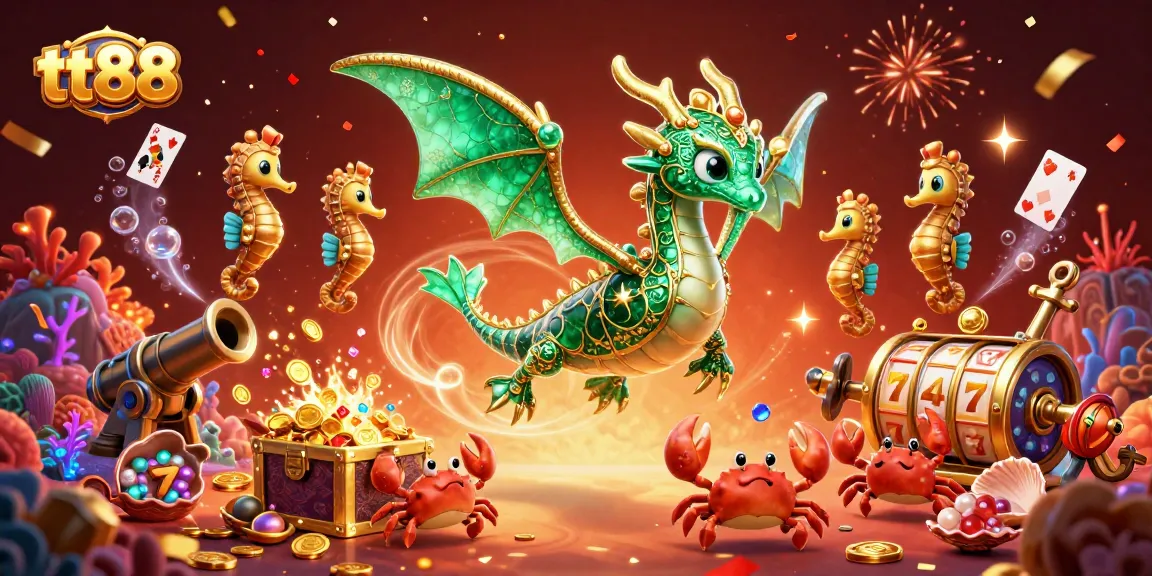 Experience the excitement of tt88 with emerald sea dragons, slot reels, and treasure-filled underwater scenes.