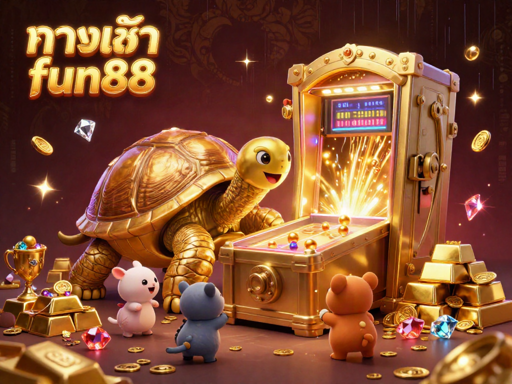 Exciting scene showcasing ทางเข้า fun88 with a golden tortoise pinball machine amidst treasure elements, vibrant 3D casino illustration.