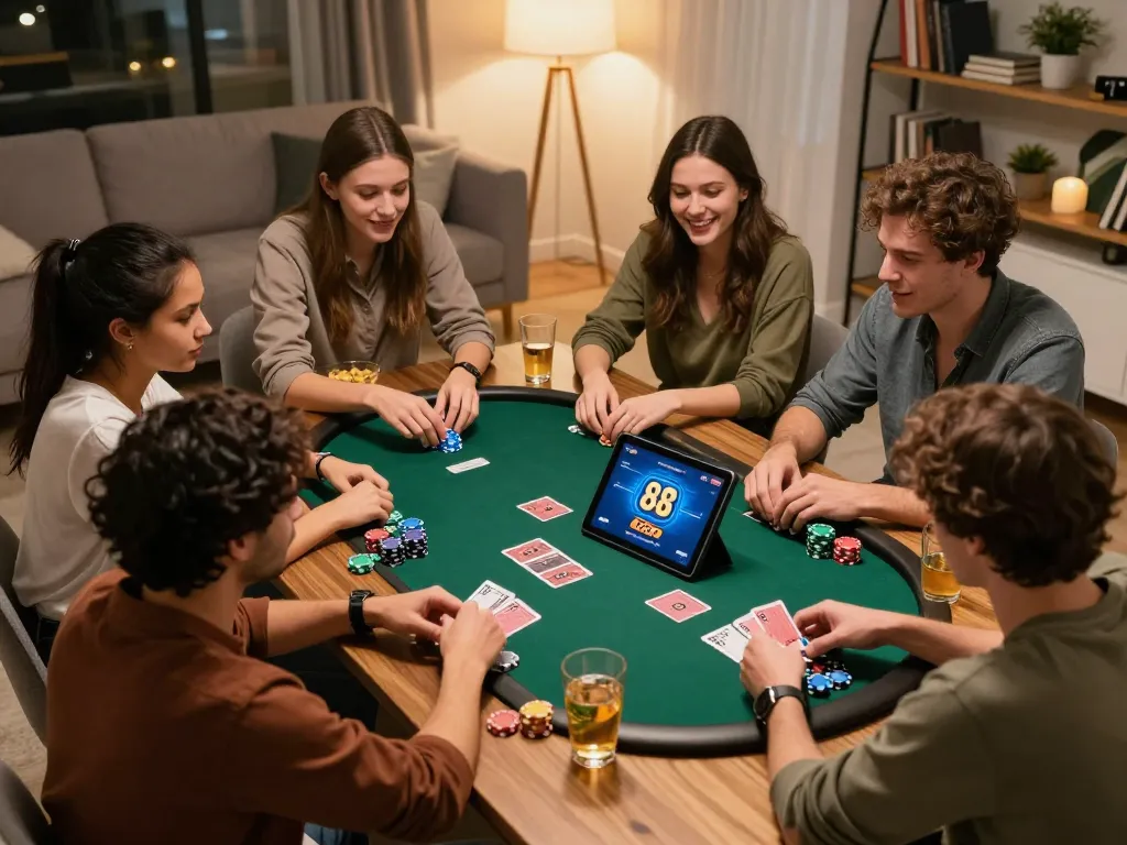 Teman-teman menikmati permainan poker online dengan aplikasi rokok 88 di tablet dalam suasana ruang tamu yang nyaman, mempromosikan permainan yang bertanggung jawab