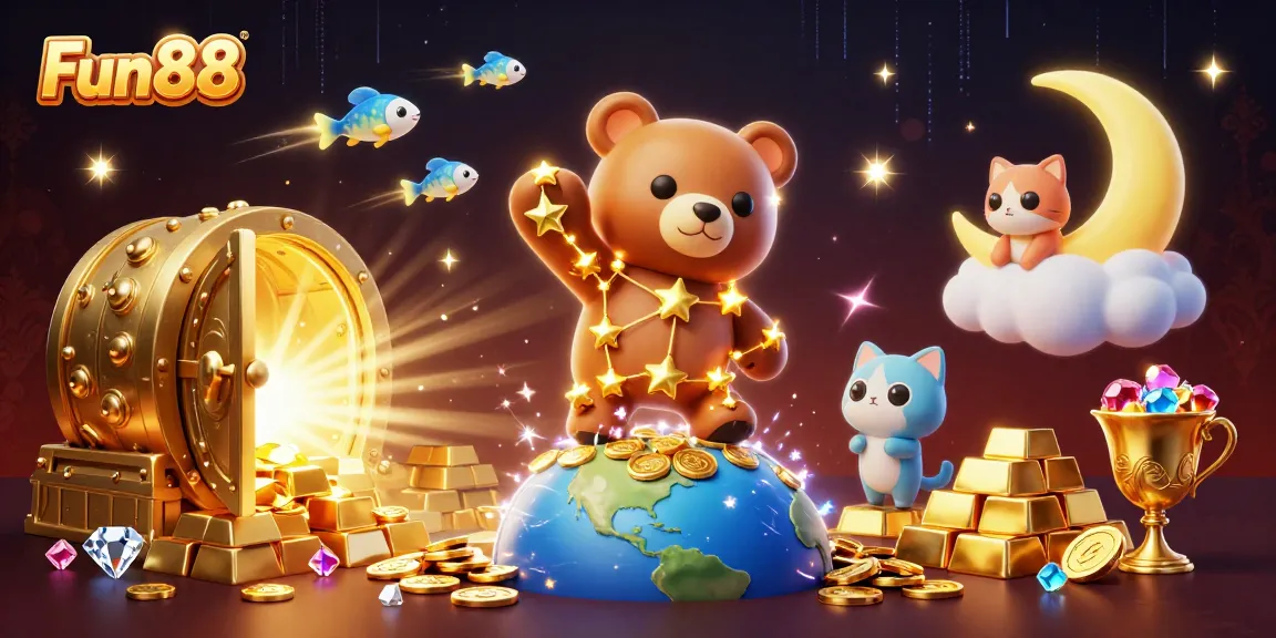 Fun88 players enjoy winning with casino elements in this vibrant, dynamic 3D illustration.