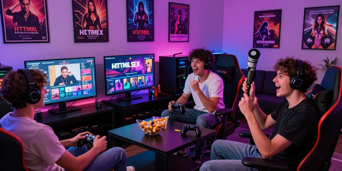 Friends enjoying html sex games in a vibrant gaming lounge.
