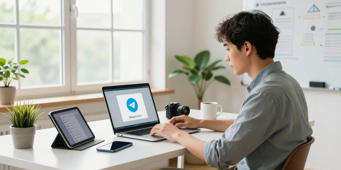 Using Telegram Web Version in a modern tech workspace with gadgets and natural light